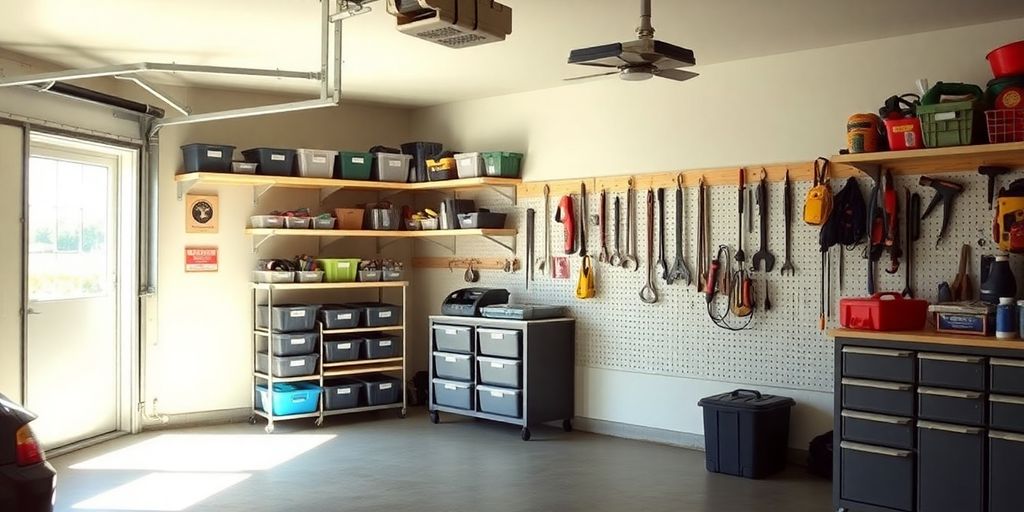Garage decluttering with organized tools and storage bins.