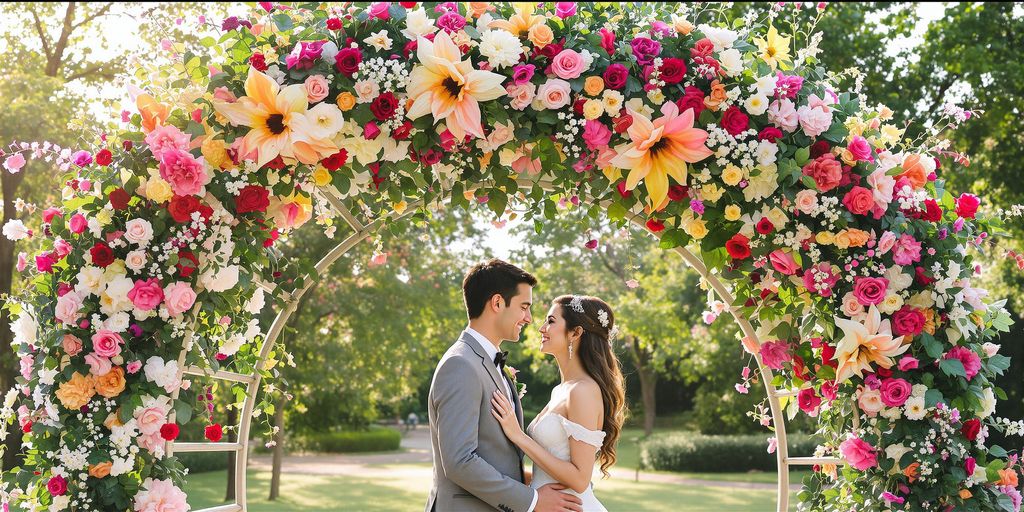 Bride and groom under floral arch in soft lighting.