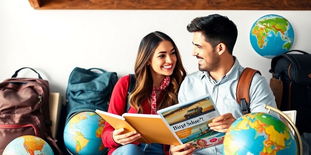 Couple planning travel with backpacks and globe on table.