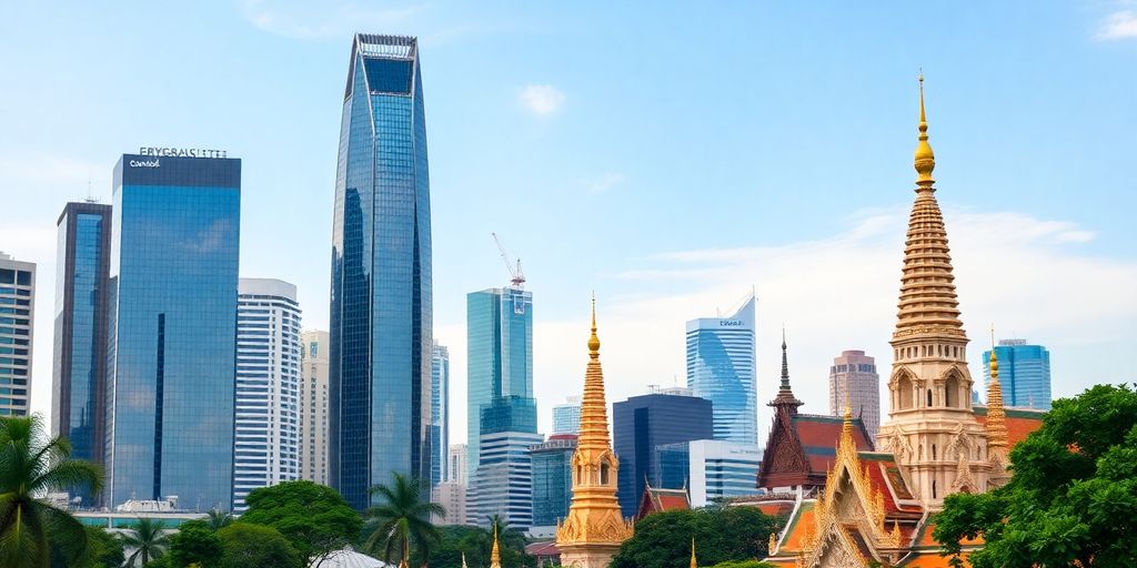 Thai temple architecture with modern skyscrapers.