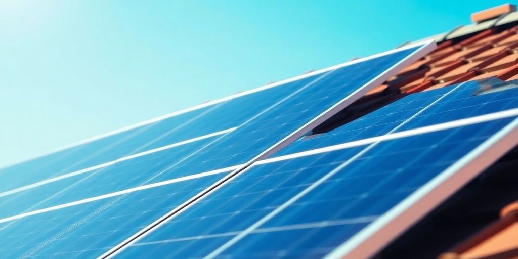 Close-up of solar panels on a rooftop under blue sky.