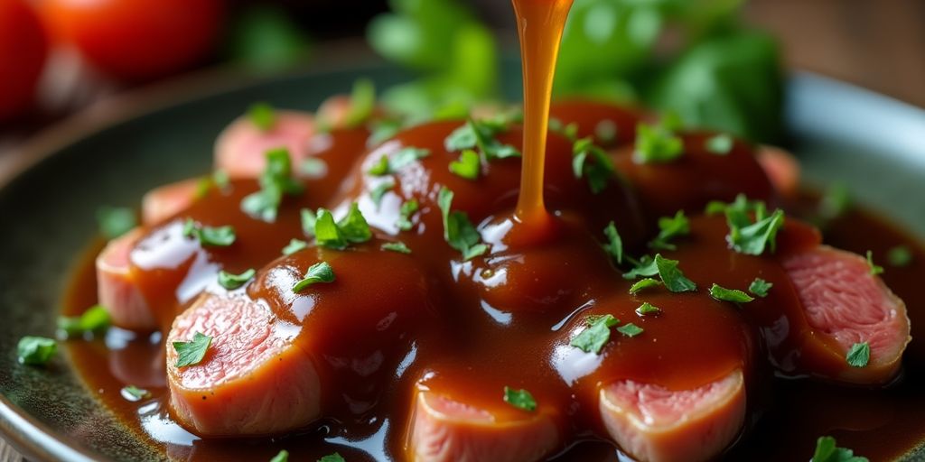 Dunkle Jägersauce über Fleisch, mit frischen Kräutern garniert.