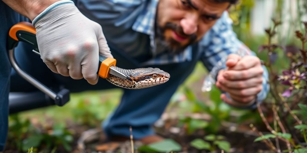 Expert in deratizare a șerpilor in actiune.