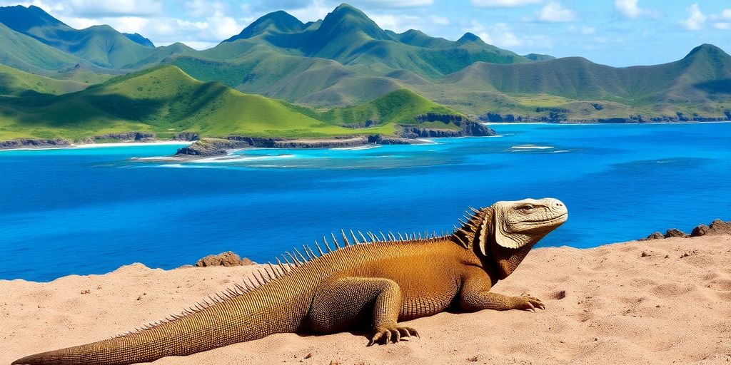 Komodo dragon on sandy beach in beautiful landscape.