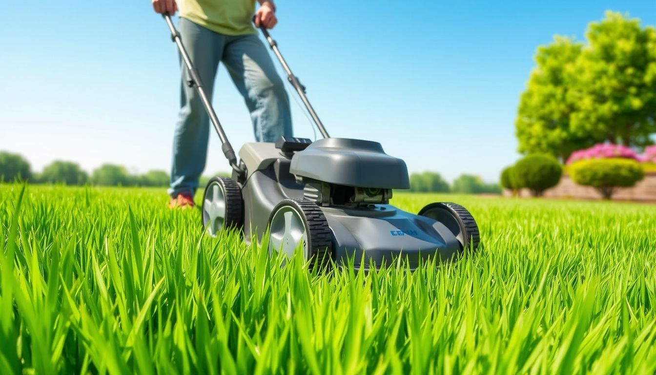 Lawnmower on green grass under blue sky