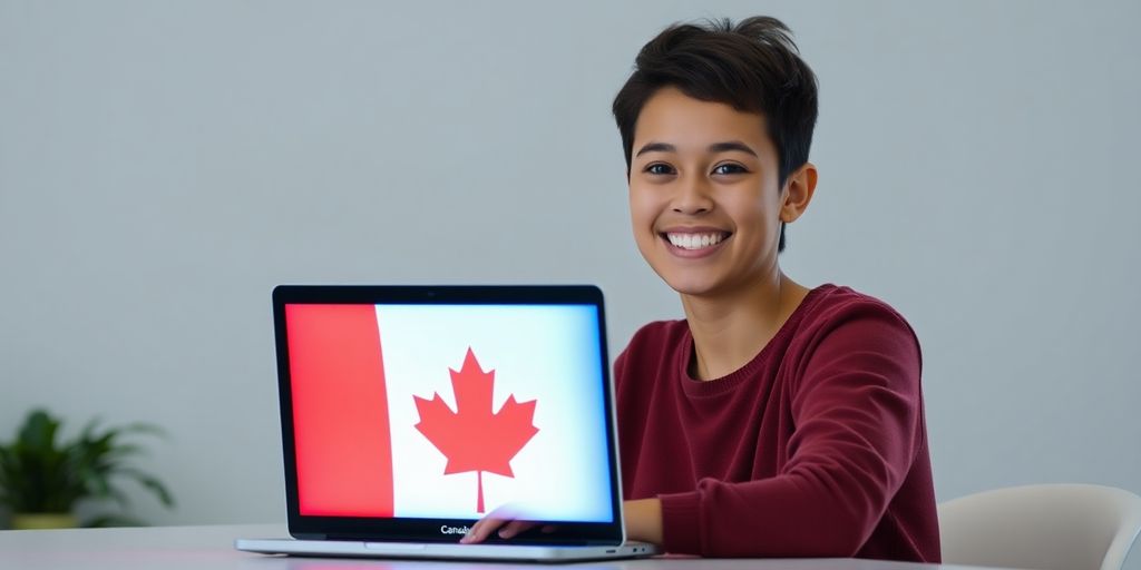 Student looking at Canadian flag on laptop.
