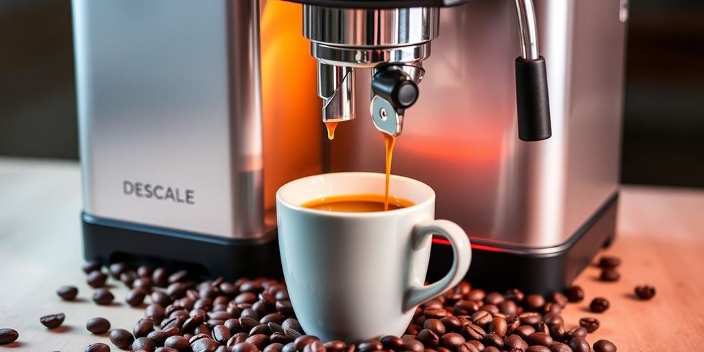 Descale Sage Barista Pro Coffee Machine with brewed coffee.