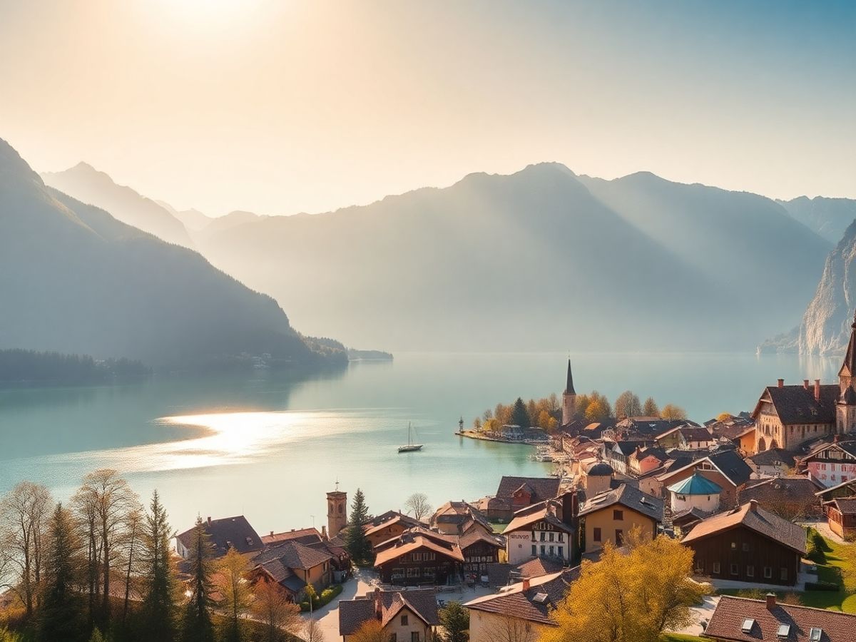 Aerial view of Hallstatt village and surrounding mountains.
