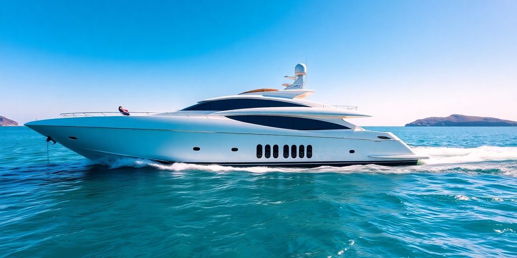 Sleek superyacht cruising turquoise waters.