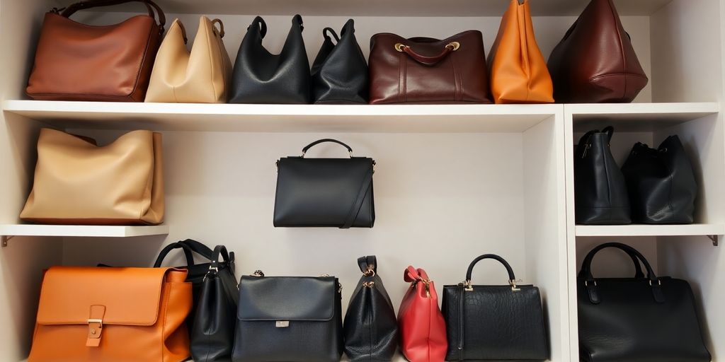 Plusieurs sacs à main bien rangés sur une étagère.