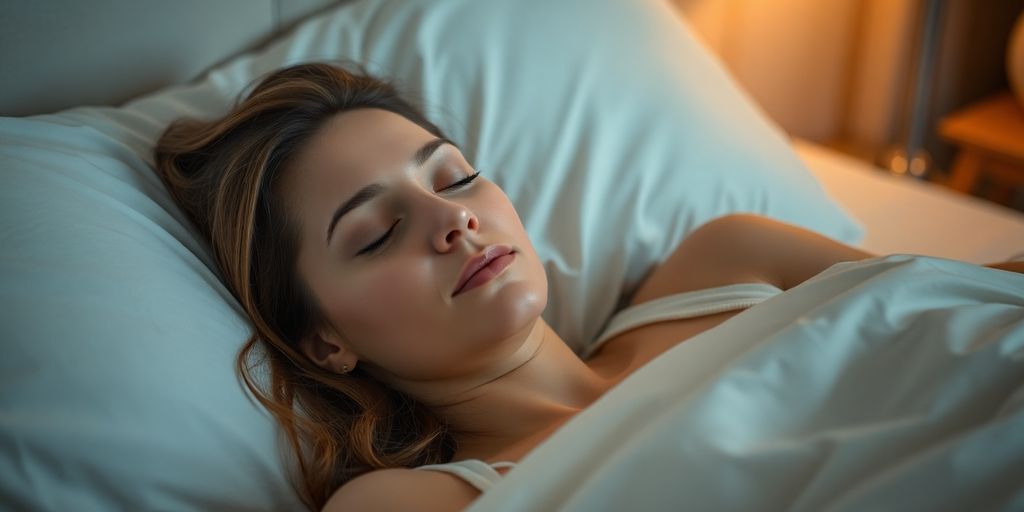 Woman sleeping peacefully, looking refreshed and energized.