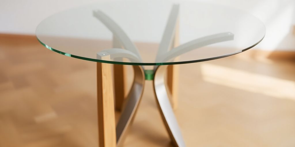 Glass table with wooden legs and metallic accents.