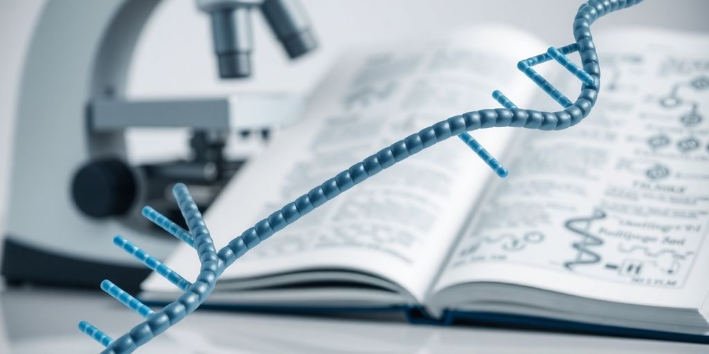 Microscope, DNA strand, and medical journal.