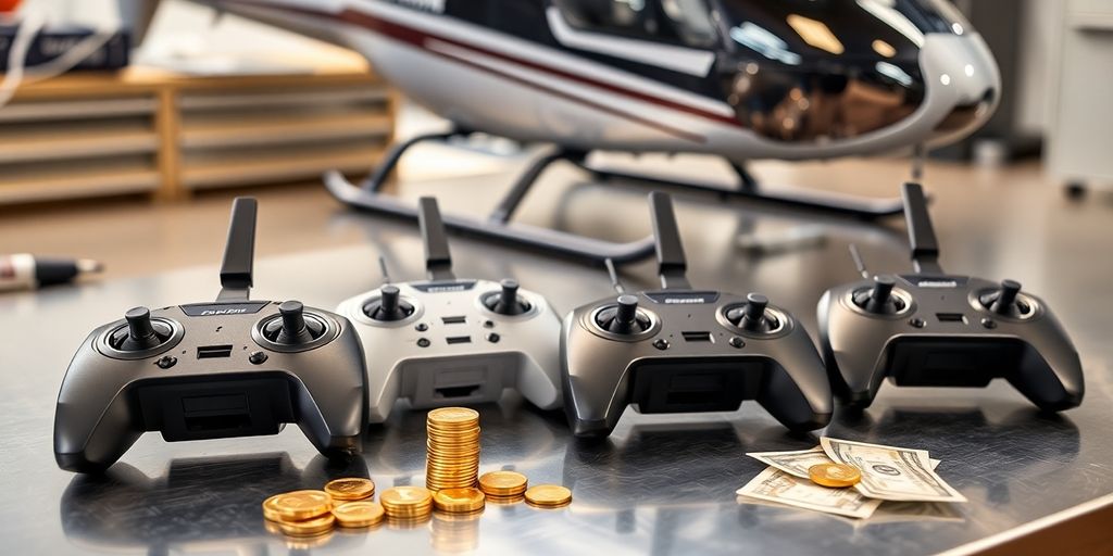 Modern helicopter remotes next to a helicopter and gold coins.