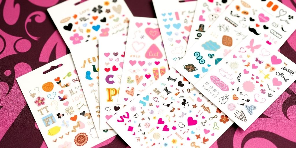 Colorful nail art stickers in various designs and patterns.