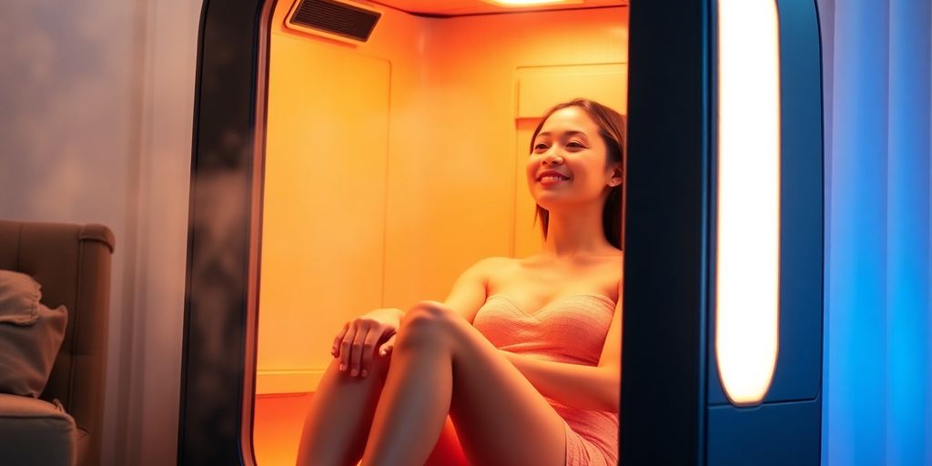 Person relaxing inside portable infrared sauna.