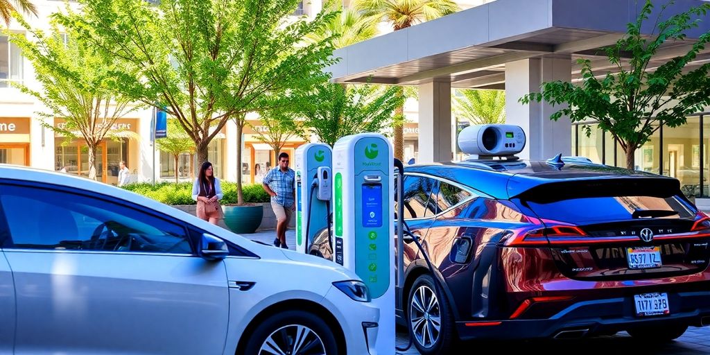 Electric vehicles charging at South Coast Plaza EV station.