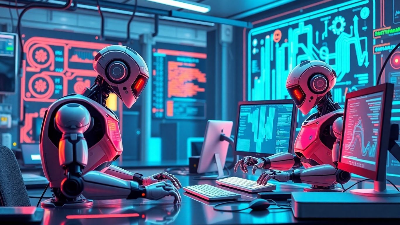 Futuristic workspace with robots and digital tech collaboration