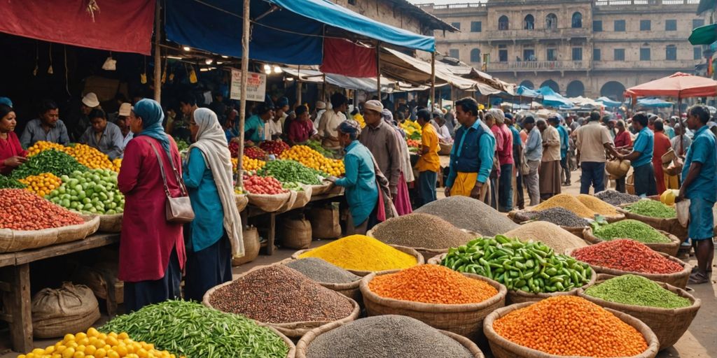 Market with chia seeds and vendors.