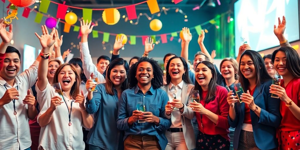 Diverse innovators celebrating with awards in a festive setting.
