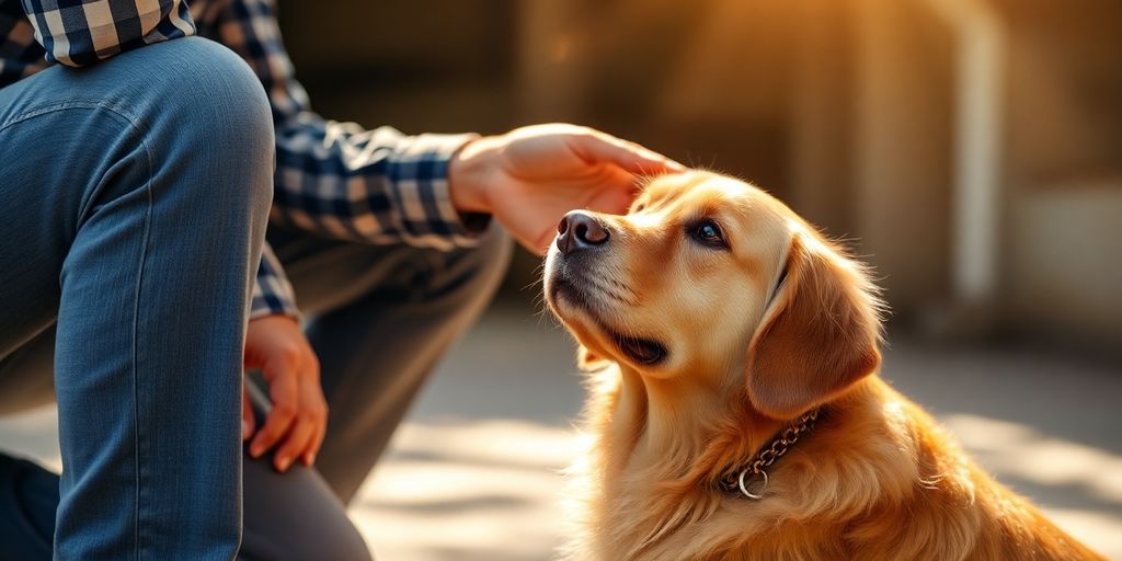 Owner happily petting a golden retriever dog.