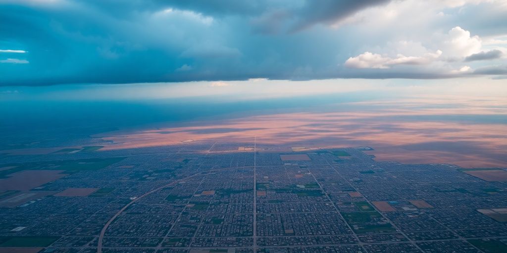Vast urban sprawl meeting distant natural landscapes.