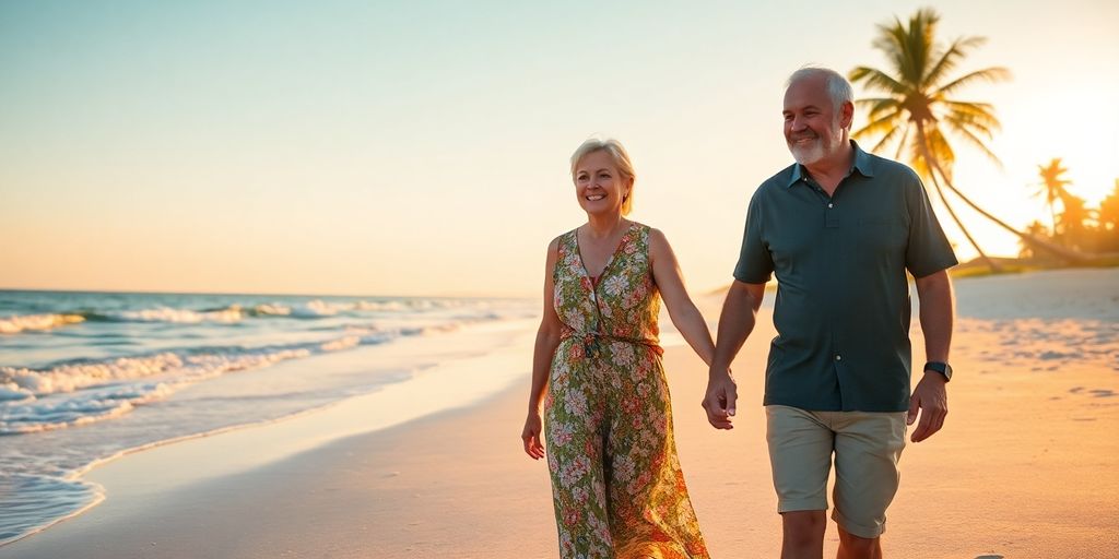 Couple on beach, enjoying retirement.