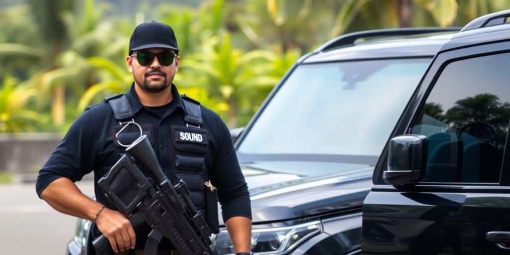 Professional bodyguard stands ready near luxury vehicle in Bali.