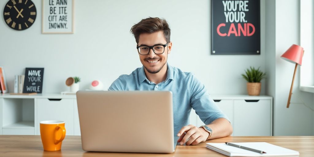 Freelancer working at a laptop in a bright workspace.