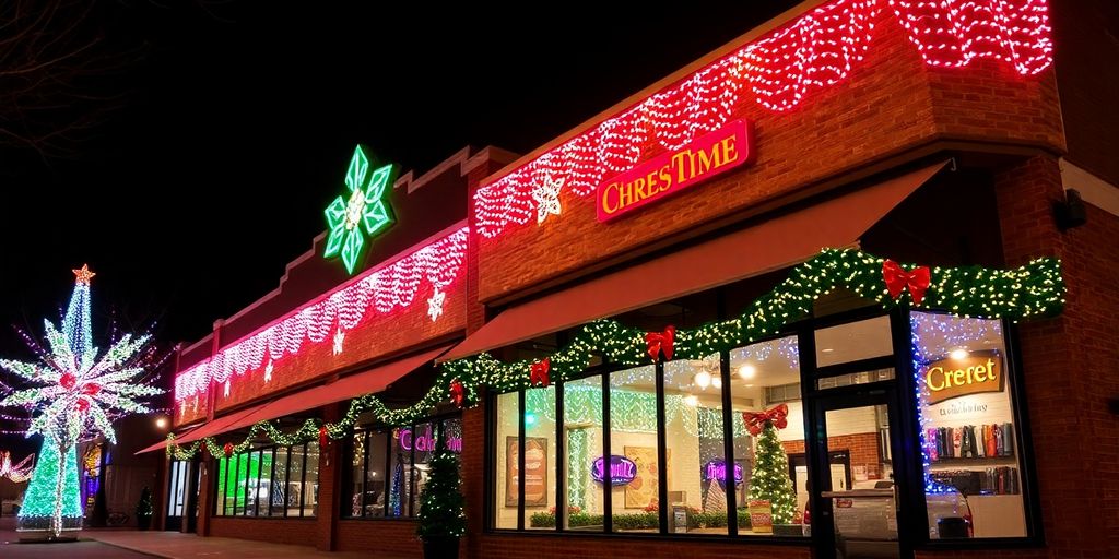 Bright commercial Christmas lights illuminating Chesterfield buildings.