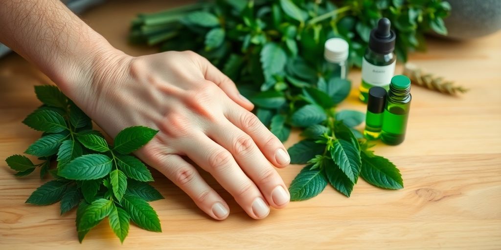 Person holding knee, vibrant green herbal remedies.