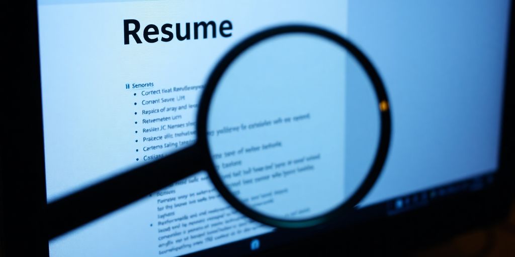 Resume on screen, magnifying glass.