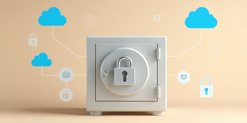 Cloud security with a locked digital vault and icons.