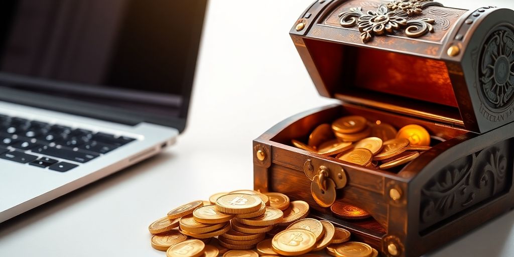 Laptop, coins, open treasure chest