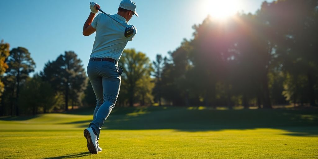 Golfer mid-swing, focus, golf course, sunny day