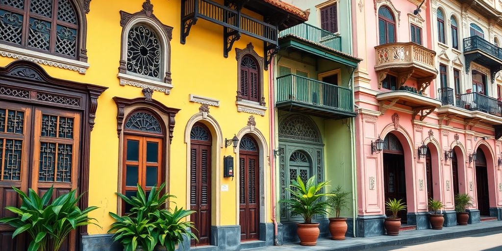 Colorful Sino-Portuguese architecture lining a street in Phuket Old Town.