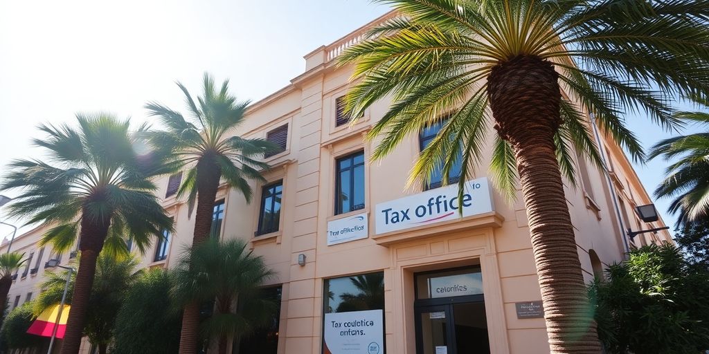 Spanish tax office surrounded by greenery and sunshine.