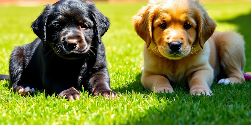 Two puppies, one black, one golden, on grass.