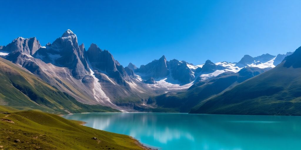 Patagonia mountains and lake under a clear sky.