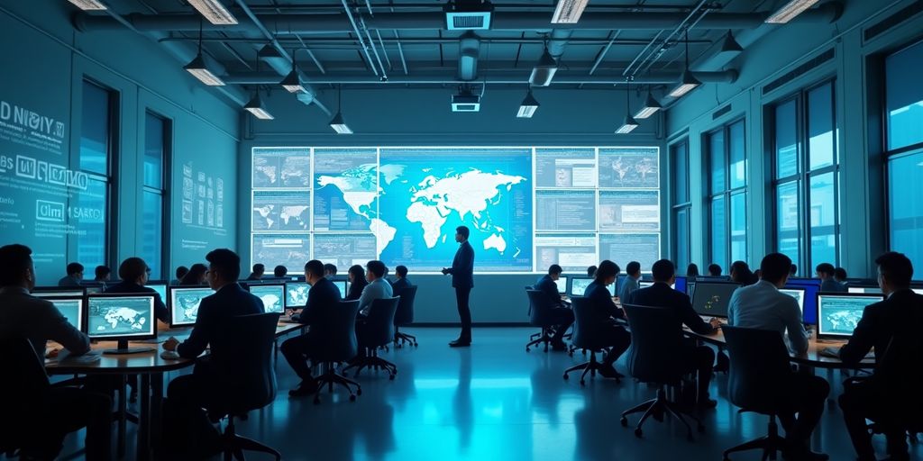 Profissionais de negócios colaborando em escritório tecnológico moderno.