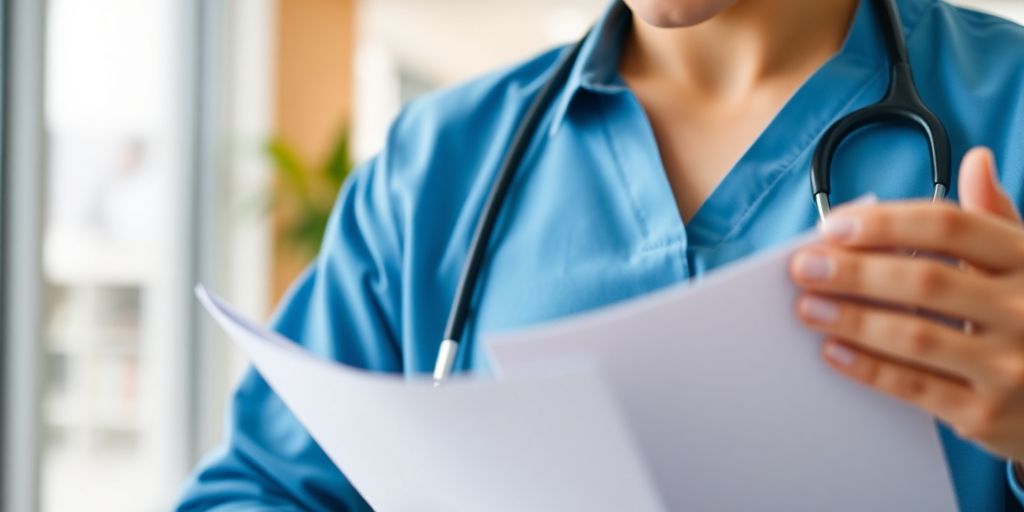 Medical professional reviewing documents in a healthcare office.