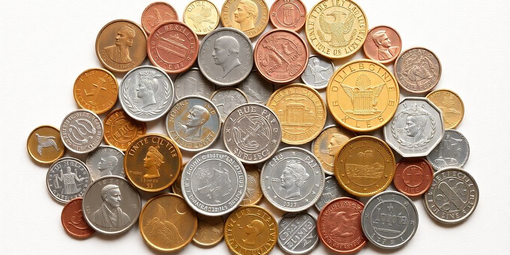 Colorful foreign coins on a neutral background.