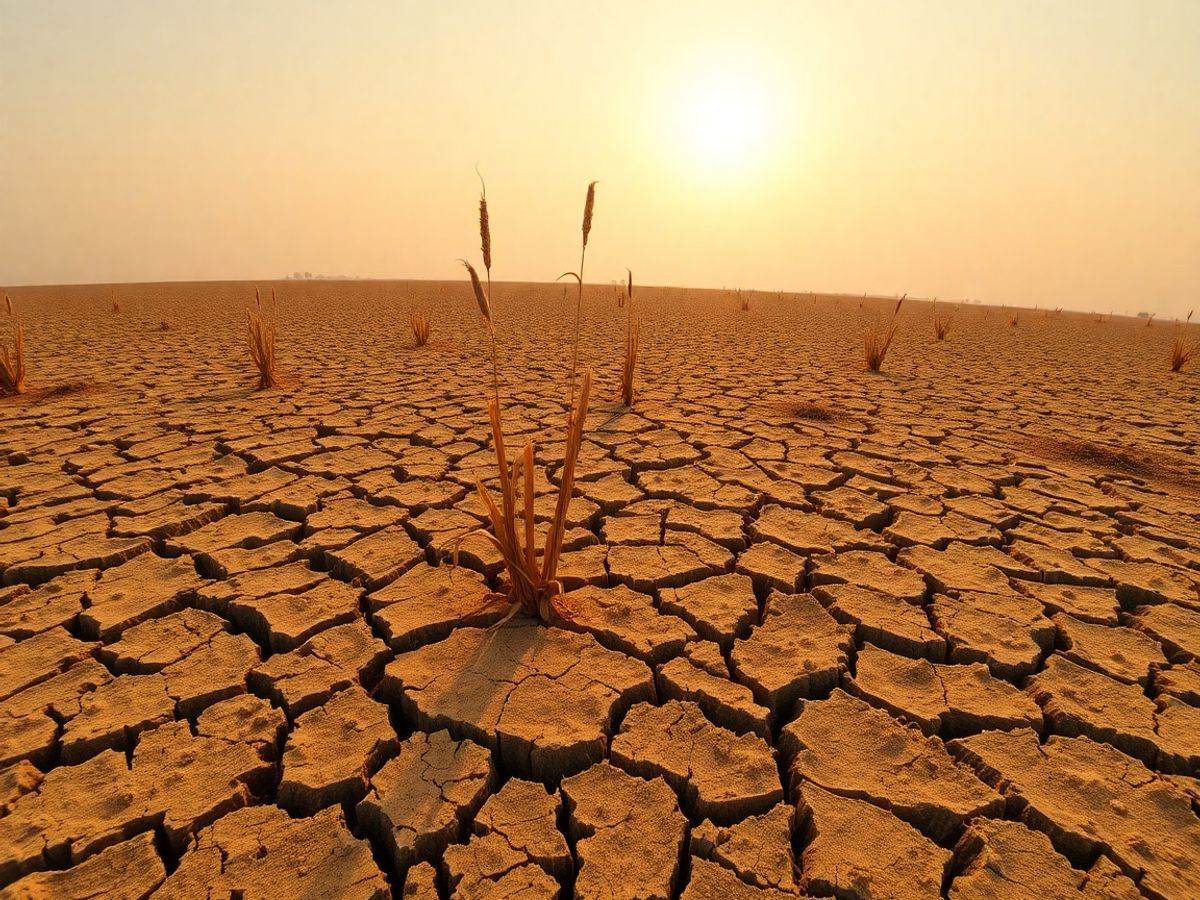 Câmp agricol uscat și crăpat din cauza secetei severe.
