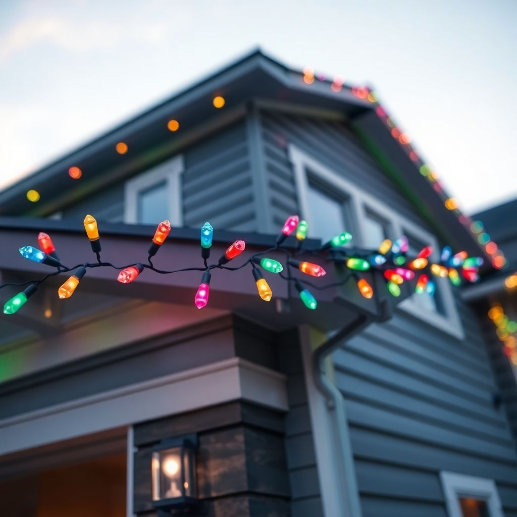 Colorful permanent Christmas lights on house roofline.