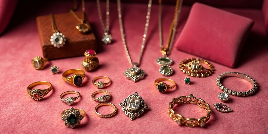 Bijoux hérités sur fond de velours élégant.