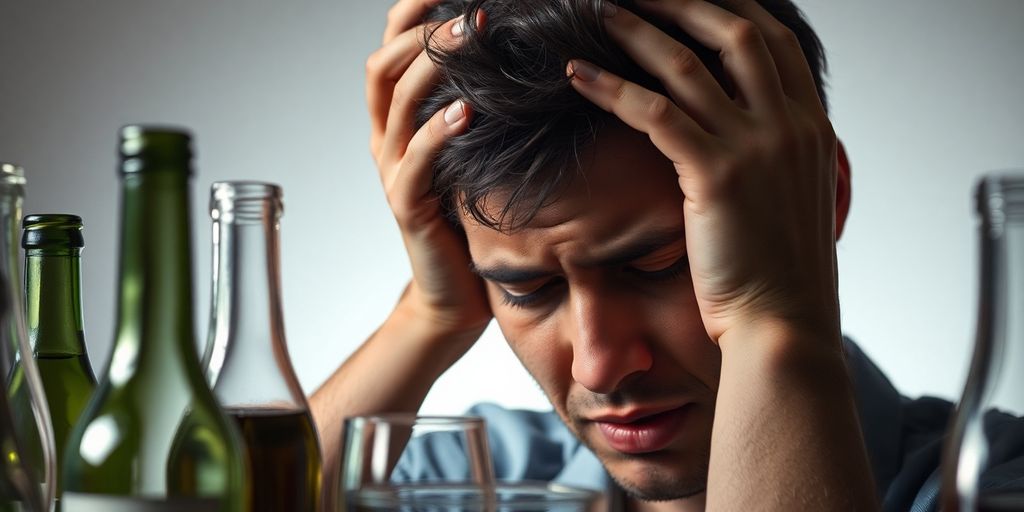 Person holding head with empty glasses around them.
