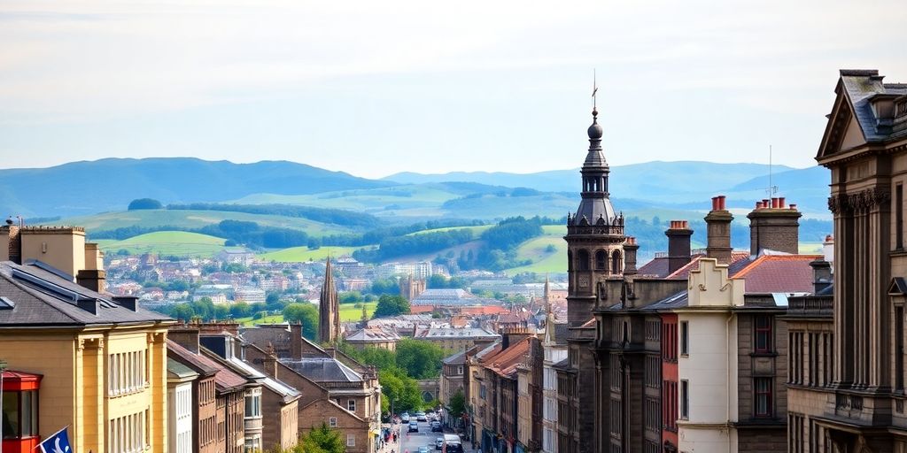 Cityscape of Glasgow and Edinburgh with surrounding landscapes.