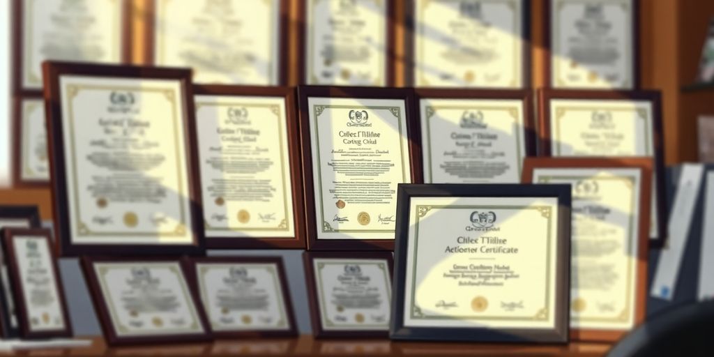 Certificates on a desk, illustrative.