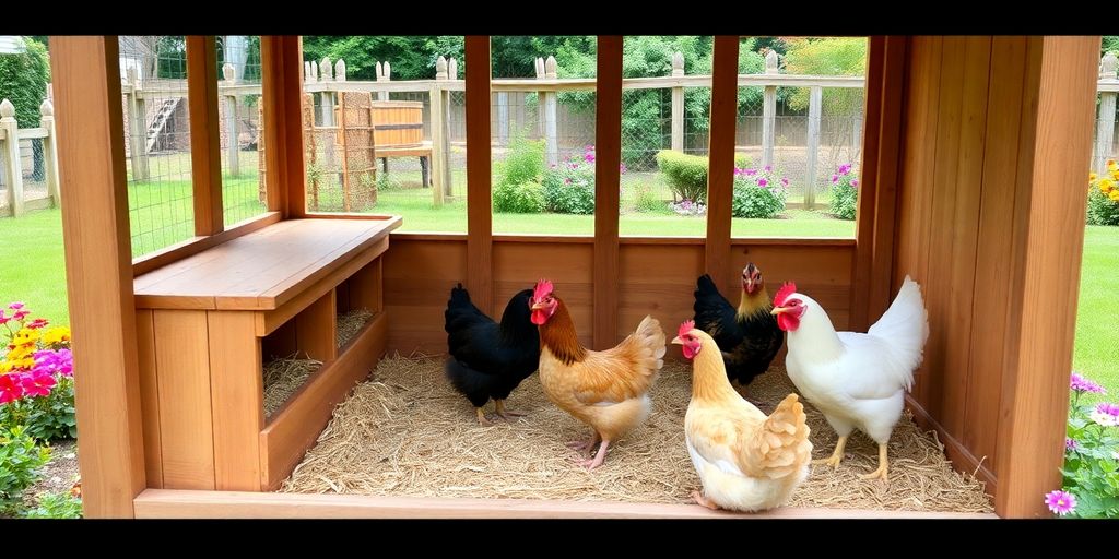 Chickens in a cozy coop with green surroundings.