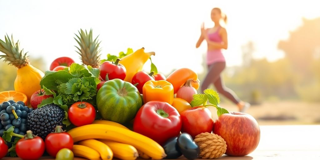 Healthy food and active lifestyle elements.